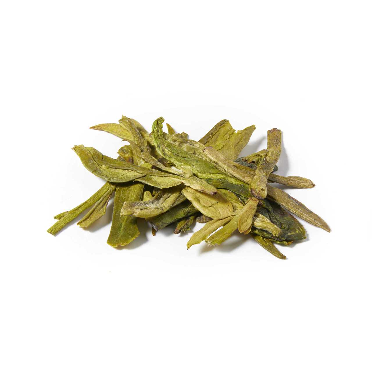 A macro pile of Supreme Dragon Well (Long Jing) Loose Leaf Tea